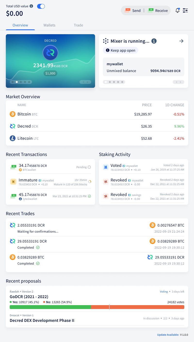 Design for the upcoming Overview page in Cryptopower (actual implementation may differ)