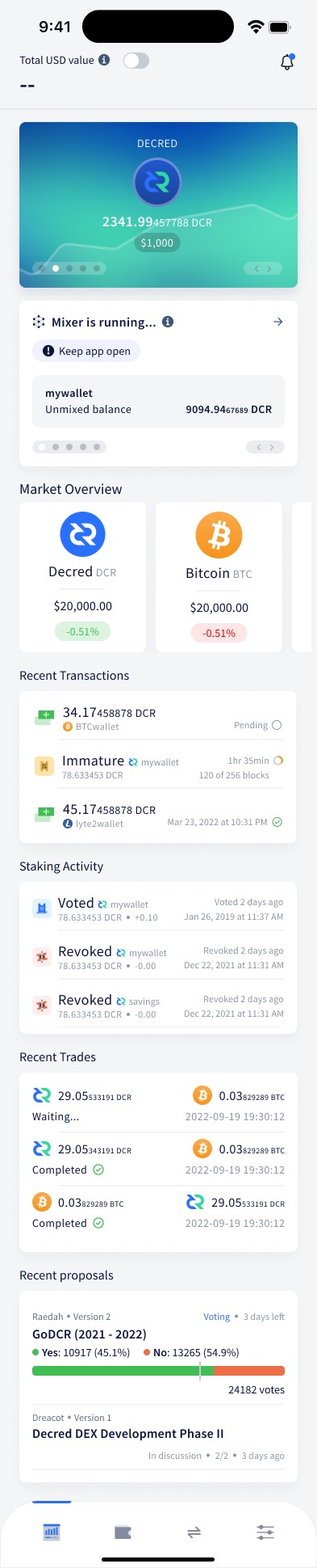 Mobile design of the Overview tab in Cryptopower (final implementation may differ)